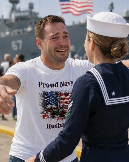 Personalized Proud Navy Family Shirt – Anchor American Flag Military Tee for Mom, Dad, Wife, Husband, Sister or Brother