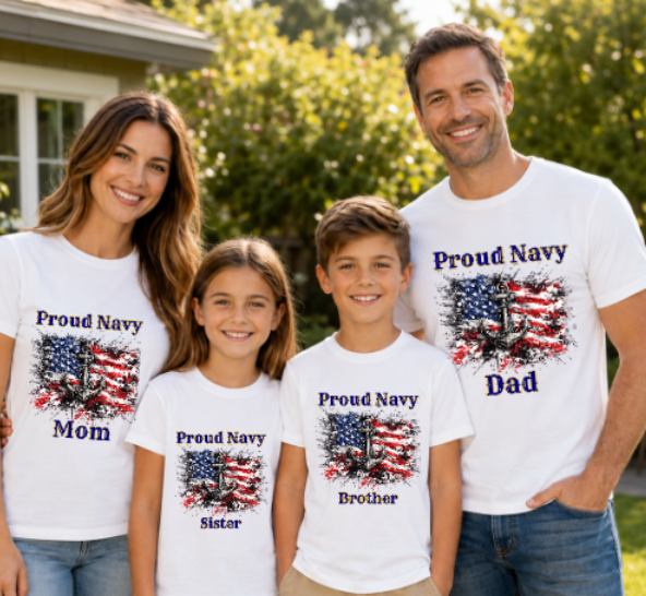 Personalized Proud Navy Family Shirt – Anchor American Flag Military Tee for Mom, Dad, Wife, Husband, Sister or Brother