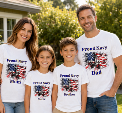 Personalized Proud Navy Family Shirt – Anchor American Flag Military Tee for Mom, Dad, Wife, Husband, Sister or Brother